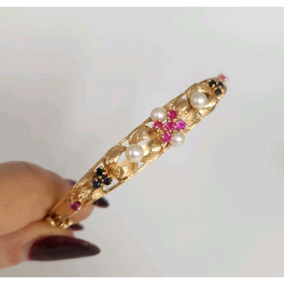 Antique 14k Yellow Gold Pearls,Ruby & Sapphire Bangle Bracelets - Picture 2 of 12